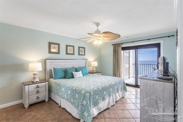 bedroom with access to exterior, tile patterned floors, and ceiling fan