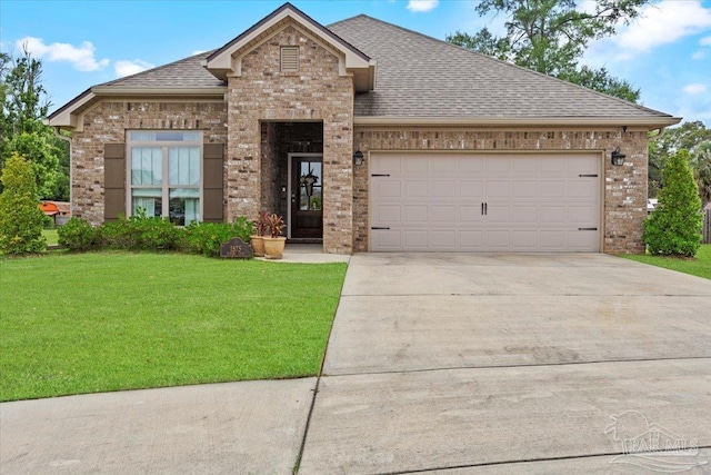 1575 Durant Ln, Cantonment, FL 32533 - view of front of house with brick siding, roof with shingles, concrete driveway, a front yard, and an attached garage