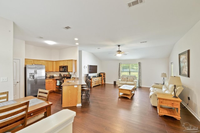 living room featuring ceiling fan, sink, dark wood-type flooring, and lofted ceiling