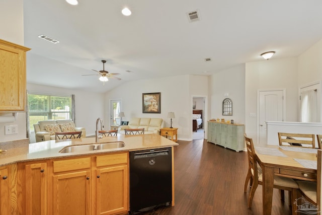 kitchen with black dishwasher, dark wood-type flooring, vaulted ceiling, ceiling fan, and sink