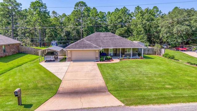 ranch-style home featuring a front lawn, covered porch, and a garage