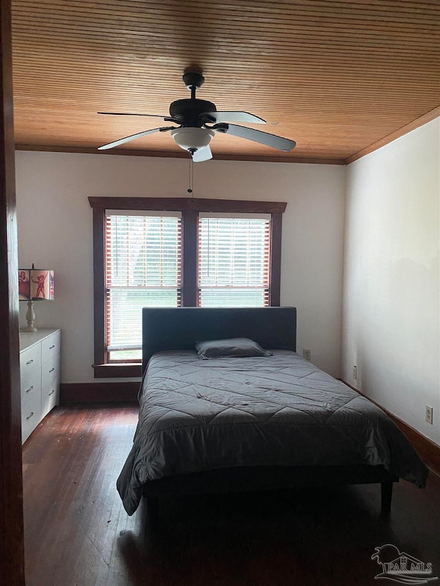 bedroom featuring wooden ceiling, dark hardwood / wood-style floors, and ceiling fan