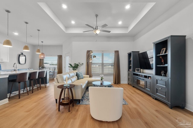 living room with light hardwood / wood-style floors, a tray ceiling, and a healthy amount of sunlight