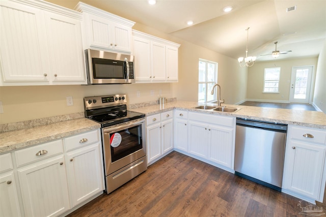 kitchen with white cabinetry, sink, kitchen peninsula, and appliances with stainless steel finishes