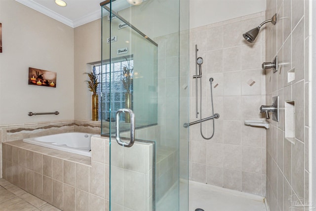 bathroom with plus walk in shower, tile patterned floors, and ornamental molding