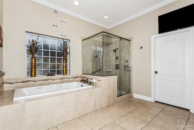 bathroom featuring tile patterned floors, ornamental molding, and plus walk in shower