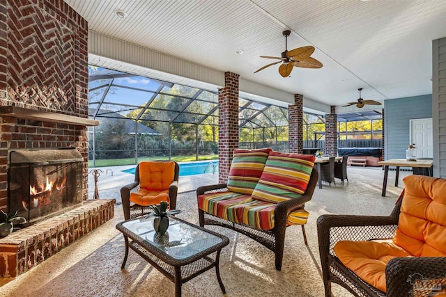 view of patio featuring an outdoor living space with a fireplace