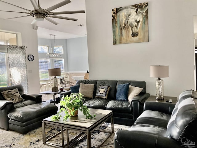 1358 Windsor Park Rd, Gulf Breeze, FL 32563 - living area with a ceiling fan and a wainscoted wall