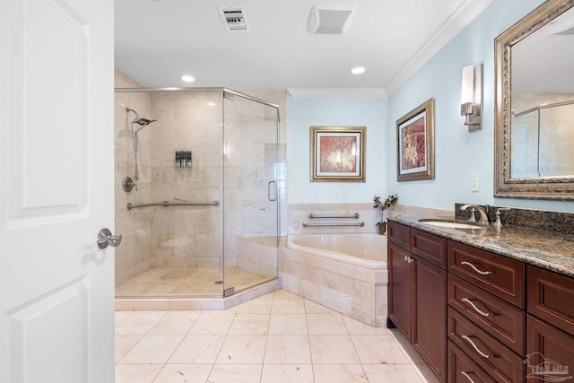 bathroom featuring vanity, crown molding, and shower with separate bathtub