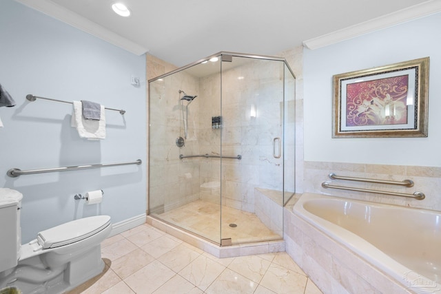 bathroom featuring crown molding, plus walk in shower, and toilet