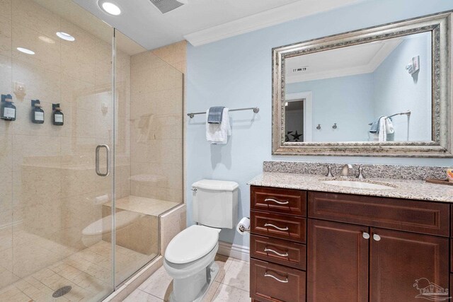 bathroom with an enclosed shower, toilet, tile patterned floors, vanity, and ornamental molding