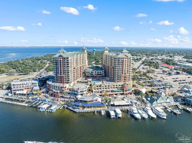 birds eye view of property featuring a water view