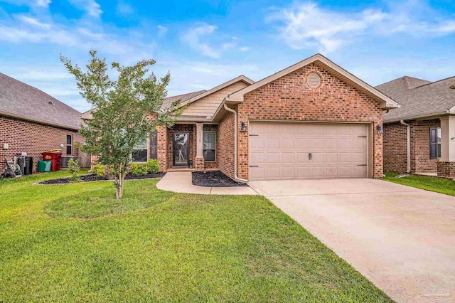 view of front of property featuring brick siding, a garage, a front yard, and concrete driveway
