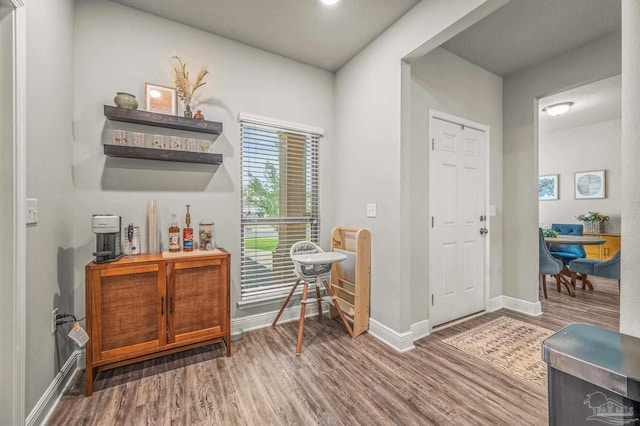 entryway featuring wood finished floors and baseboards