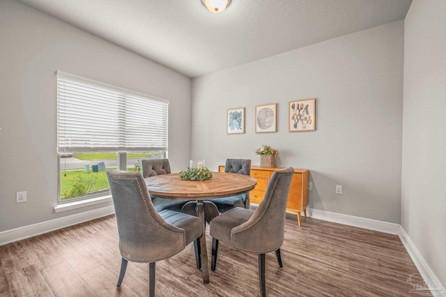 dining space with baseboards, healthy amount of natural light, and wood finished floors