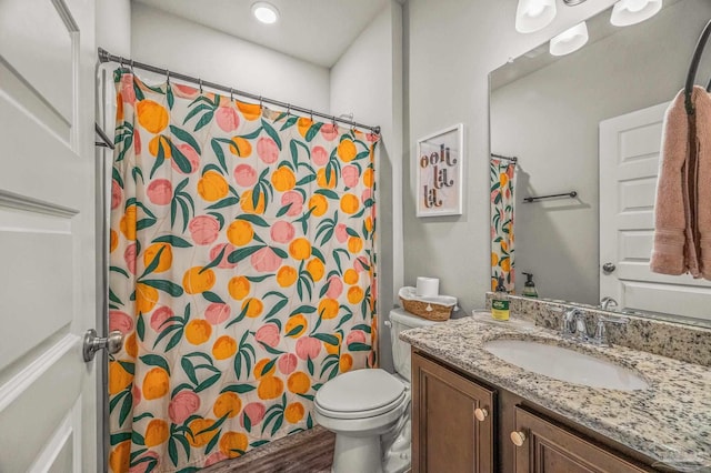 full bathroom featuring toilet, vanity, a shower with curtain, and wood finished floors