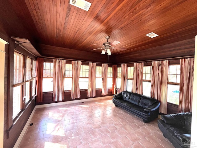 1011 N Reus St, Pensacola, FL 32501 - unfurnished sunroom featuring visible vents, wood ceiling, and ceiling fan