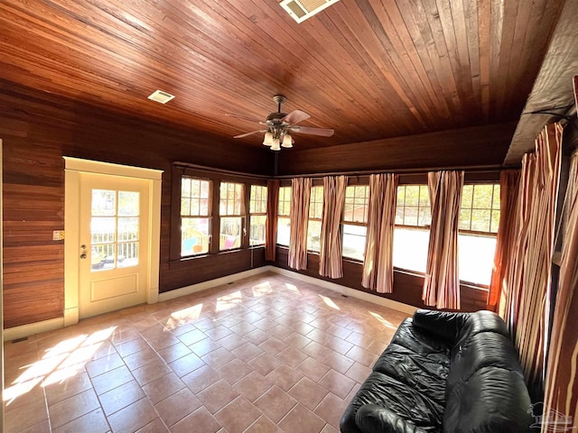 1011 N Reus St, Pensacola, FL 32501 - unfurnished sunroom with a ceiling fan, wood ceiling, and visible vents