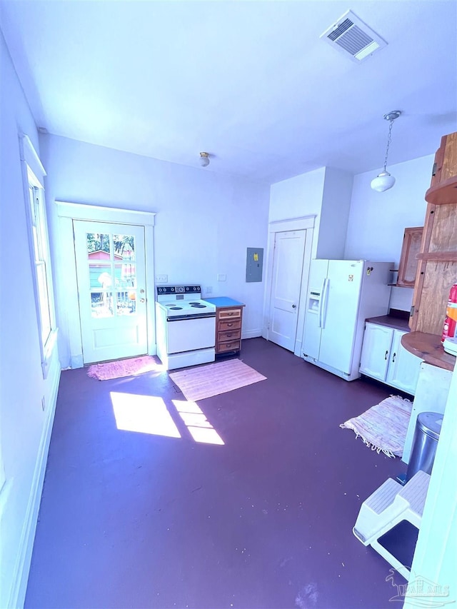1011 N Reus St, Pensacola, FL 32501 - kitchen with visible vents, electric panel, dark countertops, finished concrete floors, and white appliances