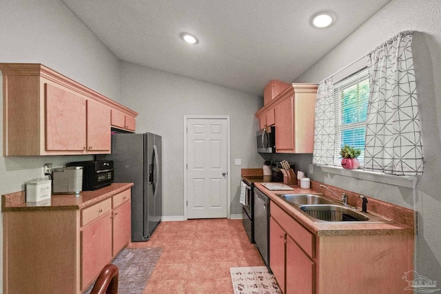 kitchen with appliances with stainless steel finishes, light brown cabinets, sink, and vaulted ceiling