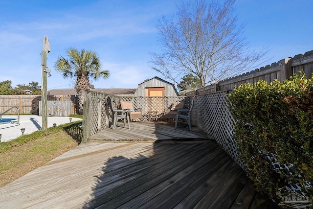 wooden deck with a storage unit