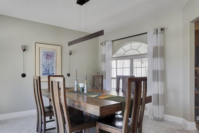 carpeted dining space featuring a textured ceiling