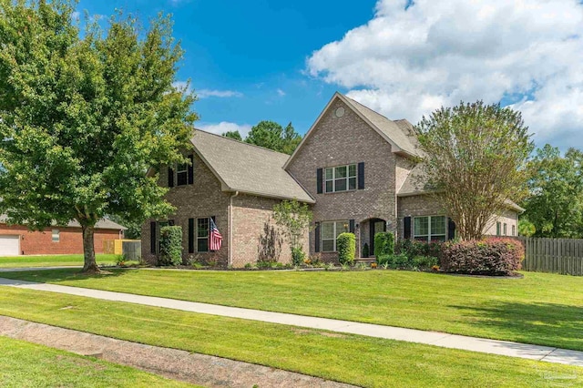 traditional-style house featuring fence, a front lawn, and brick siding