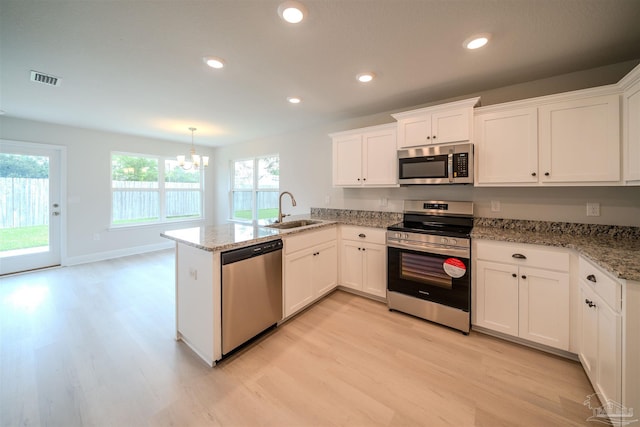 kitchen featuring sink, appliances with stainless steel finishes, light stone countertops, white cabinets, and kitchen peninsula