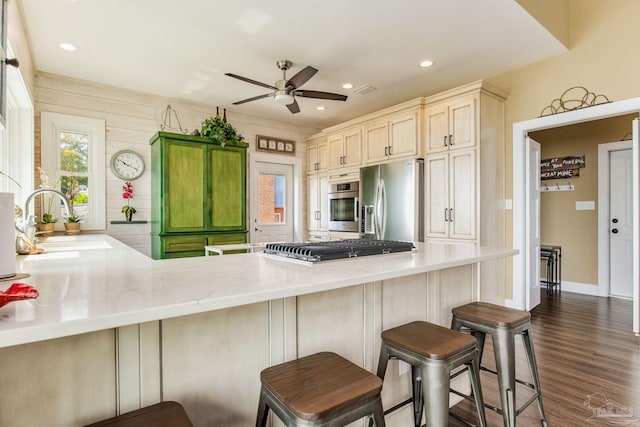 kitchen with ceiling fan, appliances with stainless steel finishes, dark wood-type flooring, a peninsula, and a sink