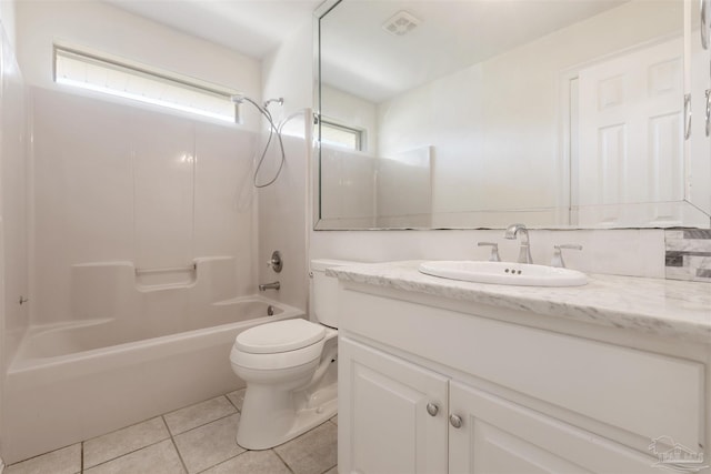 full bathroom with backsplash, tile patterned floors, shower / bathtub combination, vanity, and toilet