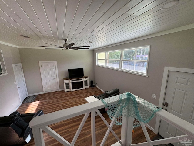 living room featuring ornamental molding, ceiling fan, wooden ceiling, and hardwood / wood-style floors