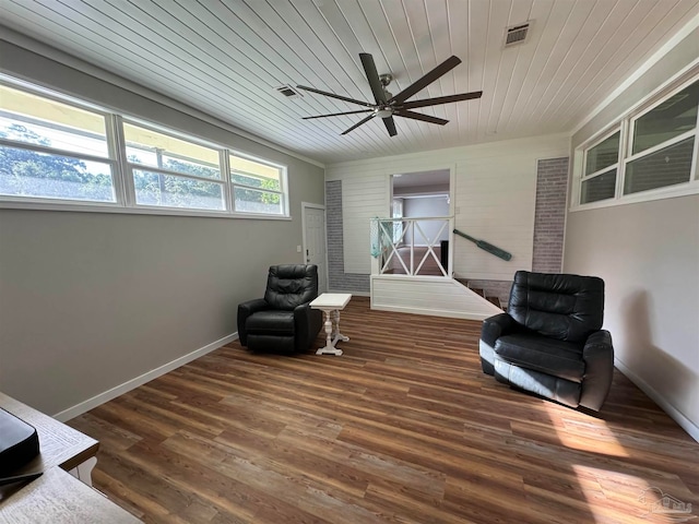 sitting room with ceiling fan, wood ceiling, and dark wood-type flooring