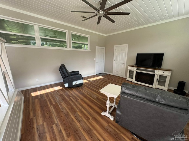 unfurnished living room with wood ceiling, ornamental molding, dark hardwood / wood-style floors, and ceiling fan