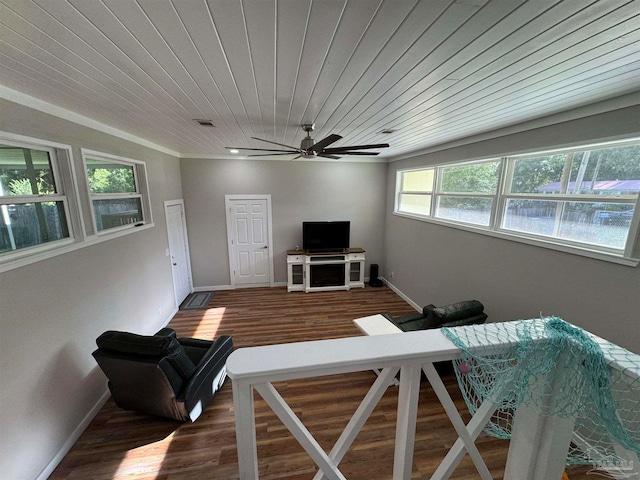 living room with wooden ceiling, hardwood / wood-style floors, and ceiling fan