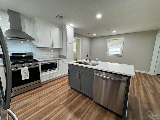 kitchen featuring dark wood-type flooring, sink, white cabinets, wall chimney exhaust hood, and stainless steel appliances