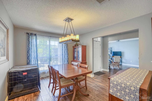 dining area with ceiling fan, hardwood / wood-style floors, and a textured ceiling