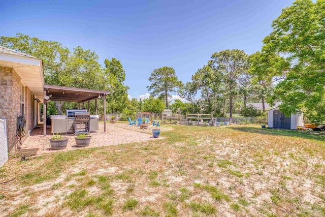 view of yard featuring a patio area and a storage shed