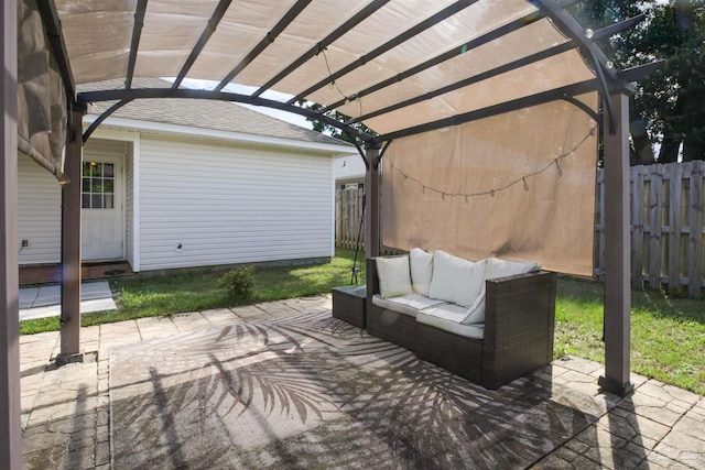 view of patio featuring outdoor lounge area and a pergola