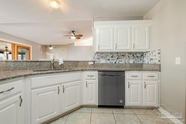 kitchen with sink, ceiling fan, dark stone countertops, white cabinets, and decorative backsplash