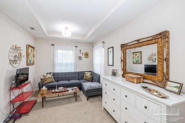 carpeted living room with a raised ceiling