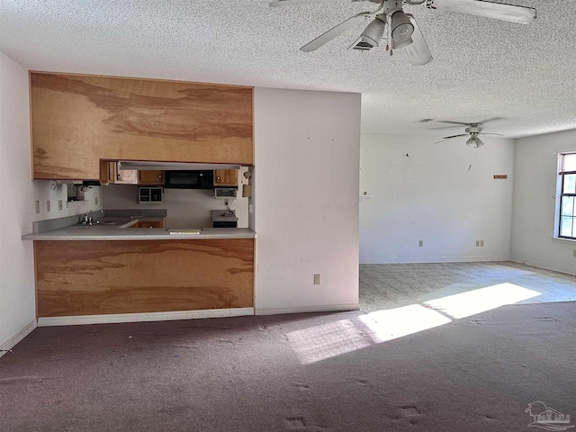 kitchen featuring ceiling fan, a textured ceiling, carpet floors, a sink, and baseboards