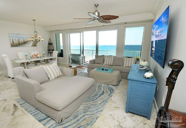 living area featuring ornamental molding, a ceiling fan, a chandelier, a water view, and baseboards