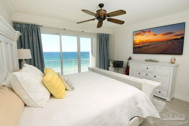 bedroom with access to exterior, crown molding, baseboards, ceiling fan, and light wood-style floors