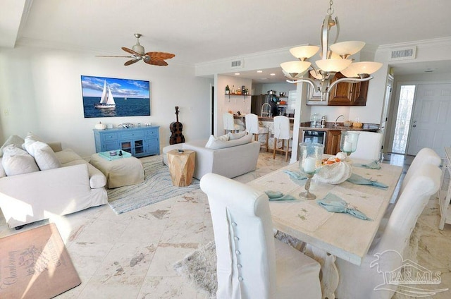 dining space featuring a chandelier, ornamental molding, ceiling fan, and beverage cooler