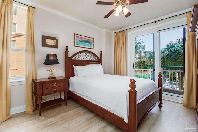 bedroom with light hardwood / wood-style floors, ceiling fan, access to outside, and crown molding