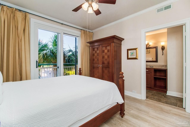 bedroom featuring connected bathroom, crown molding, ceiling fan, light hardwood / wood-style flooring, and access to outside