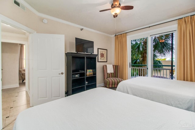 bedroom featuring ceiling fan, crown molding, access to exterior, and tile patterned floors