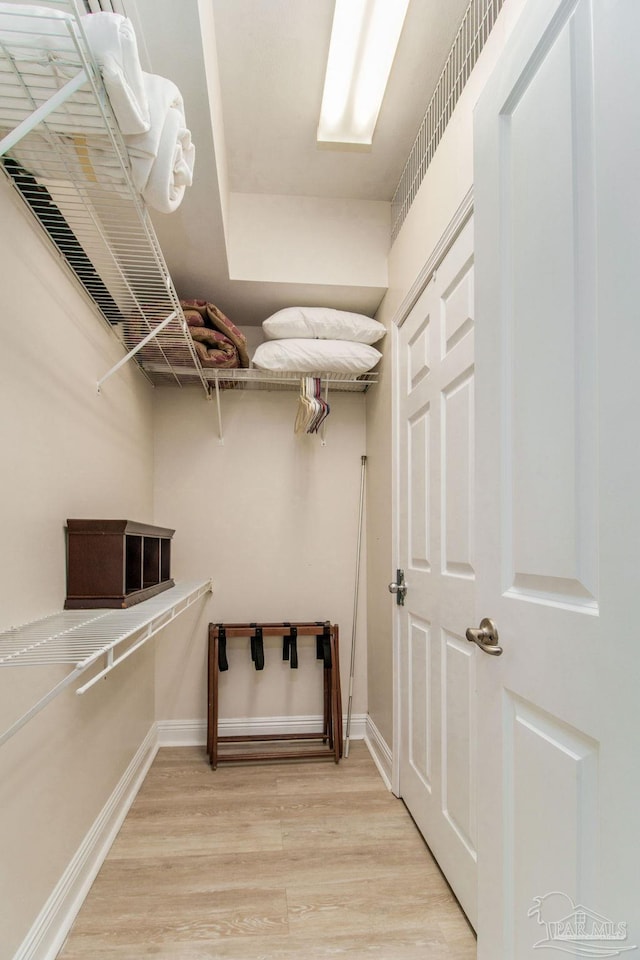 walk in closet with light hardwood / wood-style flooring