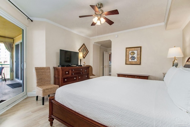 bedroom featuring ceiling fan, access to exterior, light wood-type flooring, and ornamental molding