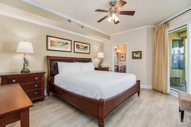 bedroom featuring connected bathroom, ornamental molding, ceiling fan, and light hardwood / wood-style flooring